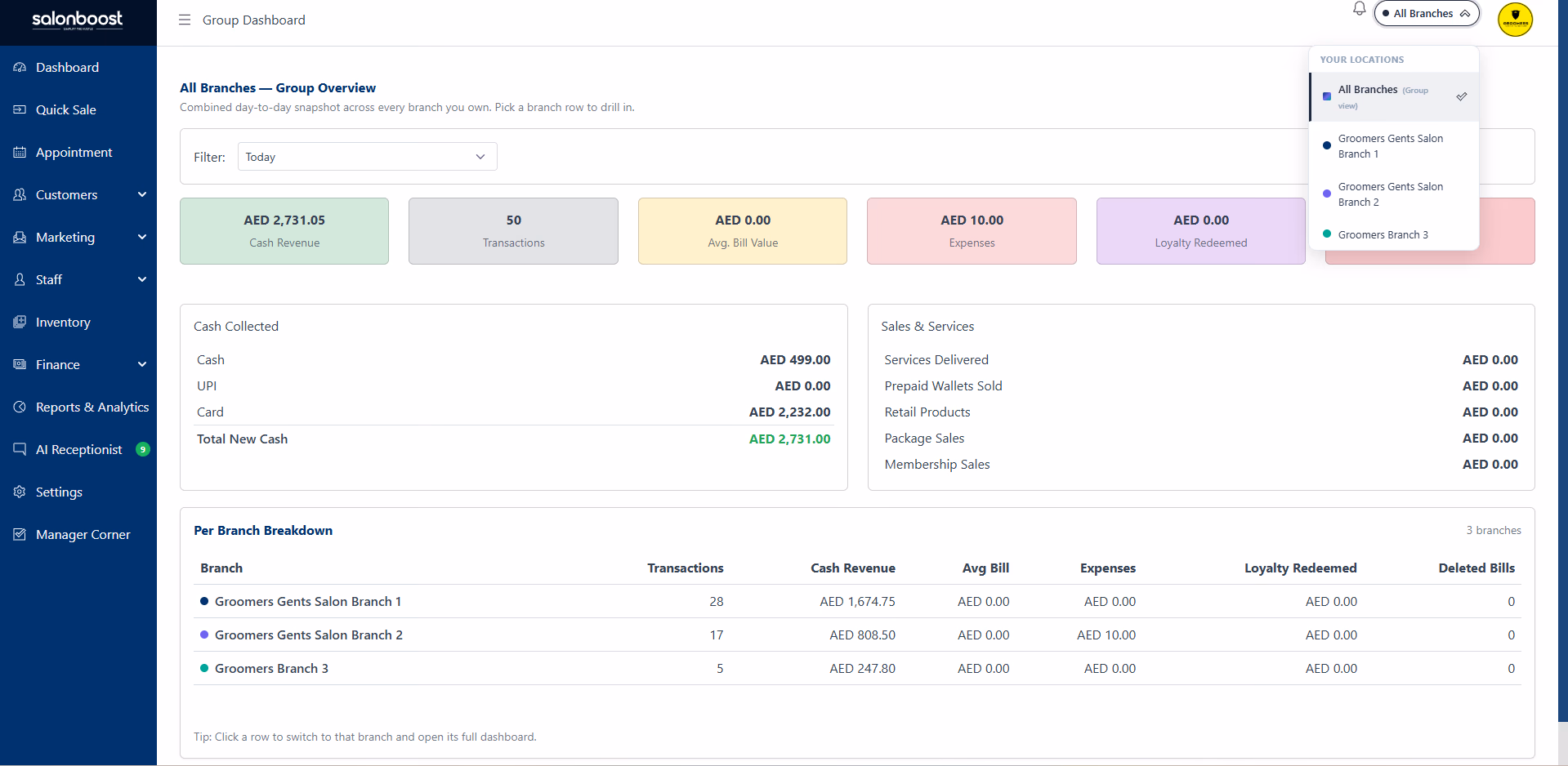 SalonBoost branch switcher listing all locations under one login