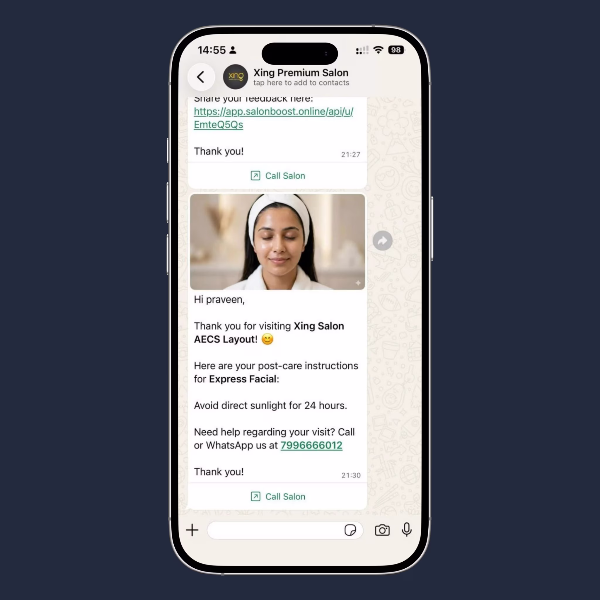 Automated post-care WhatsApp message with hair care tips